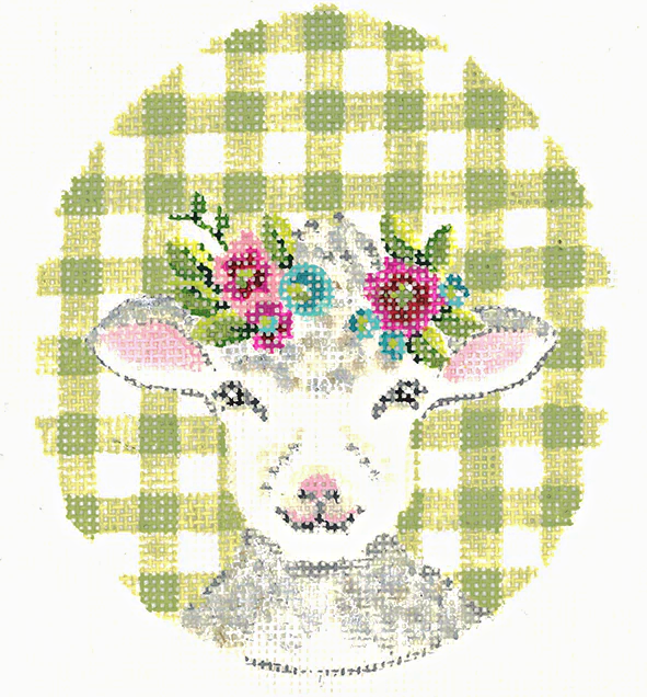 Curly Lamb with Flower Crown on Green Gingham