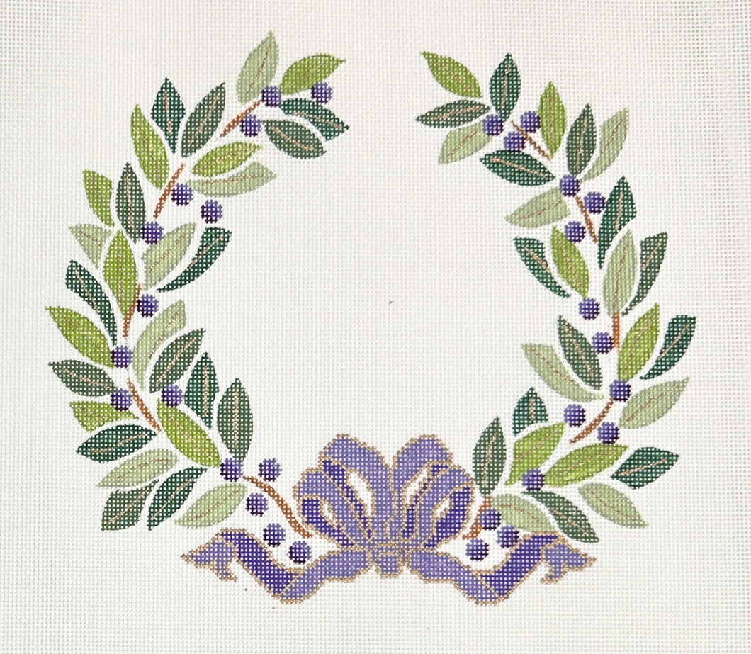 olive wreath, lavender ribbon