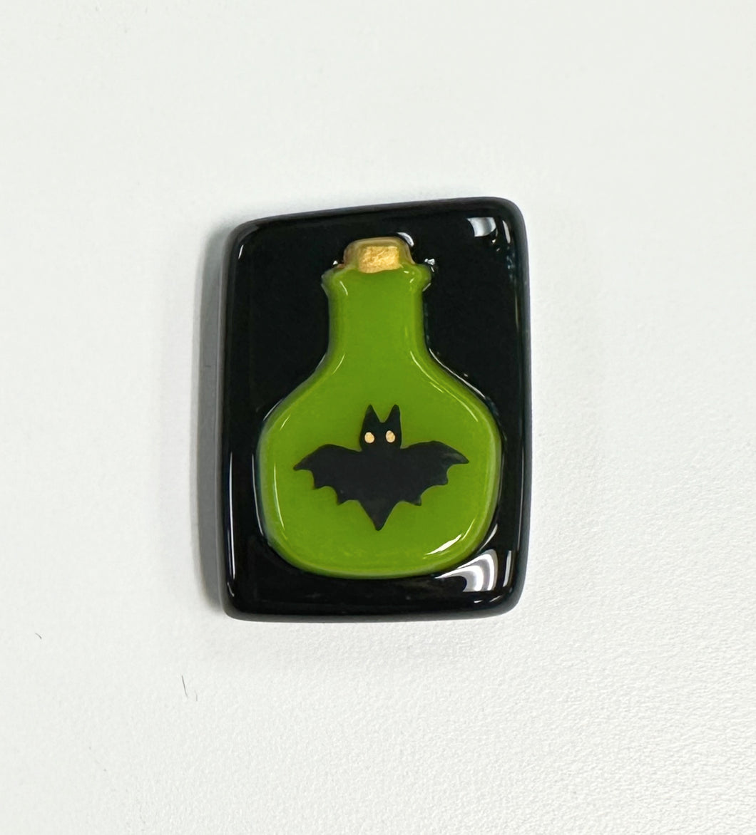 Bat Poison Bottle Fused Glass Needleminder, Green on Black