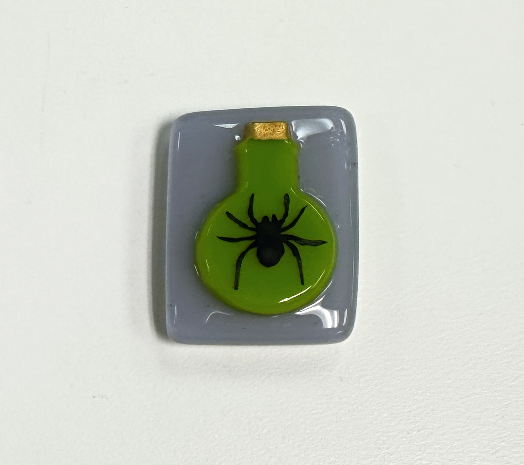 Spider Poison Bottle Fused Glass Needleminder, Green on Purple