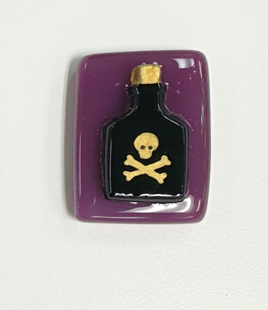 Skull Poison Bottle Fused Glass Needleminder, Black on Purple