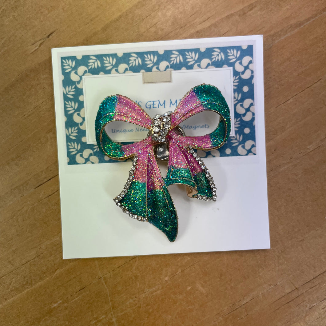 Pink and Teal Crystal Bow Needle Minder