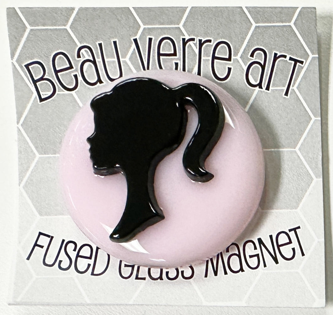 Barbie Silhouette Fused Glass Magnet, Black on Pink
