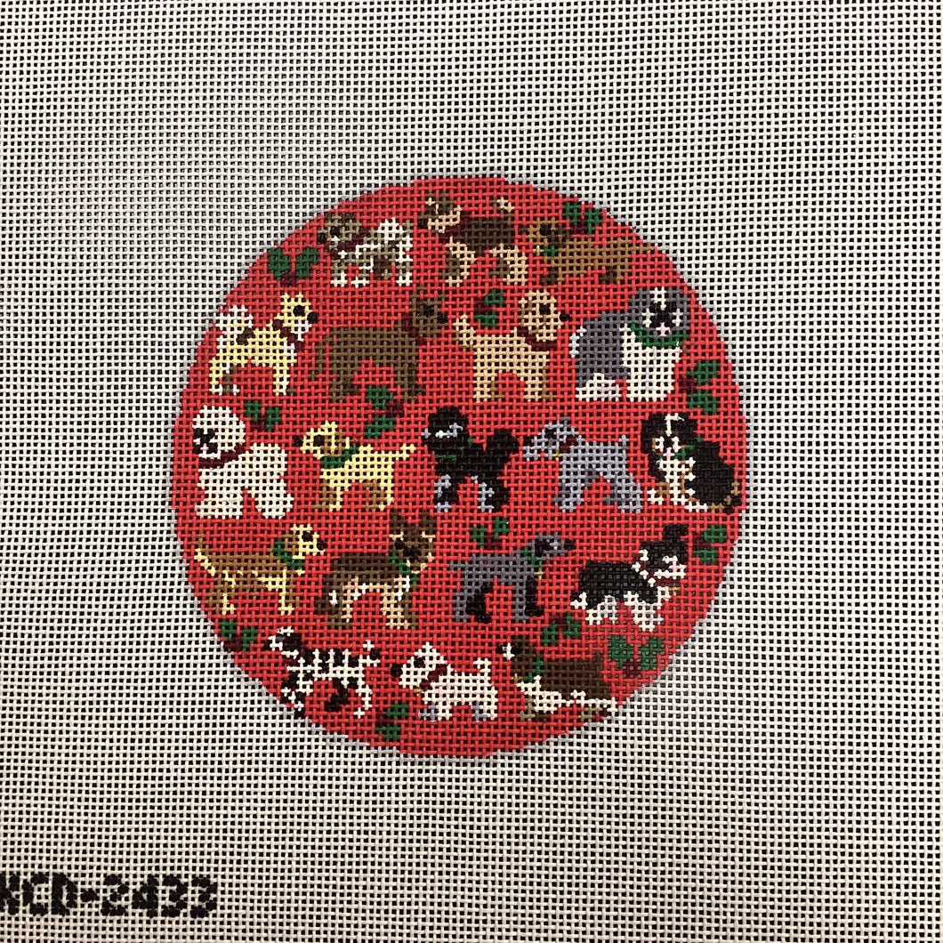 Red Christmas Dogs round canvas