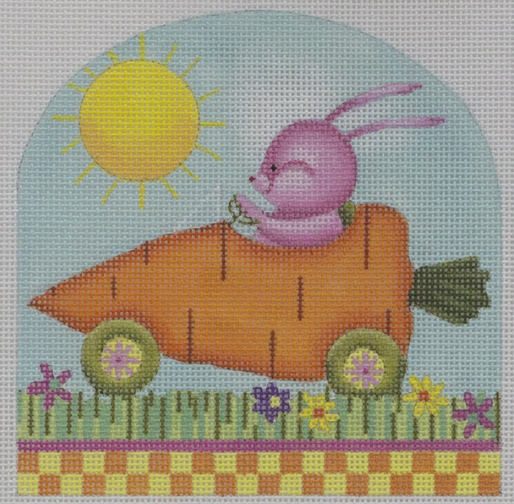 pink bunny in carrot car