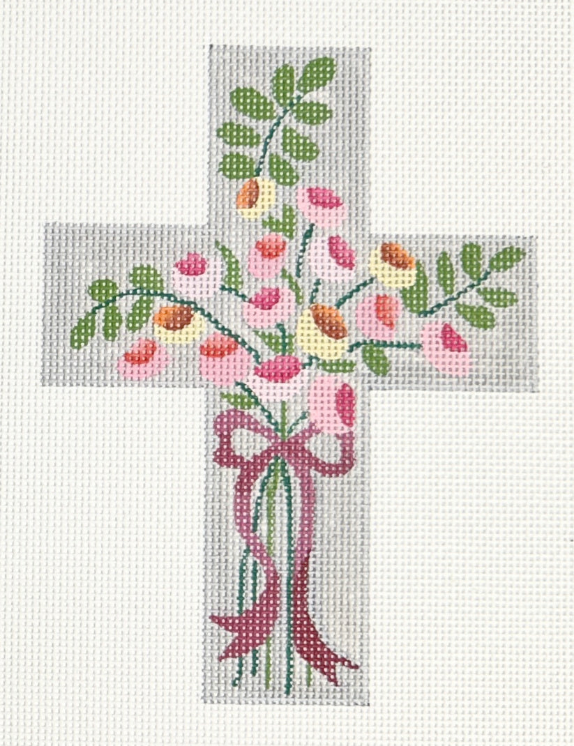 silver cross with pink flowers