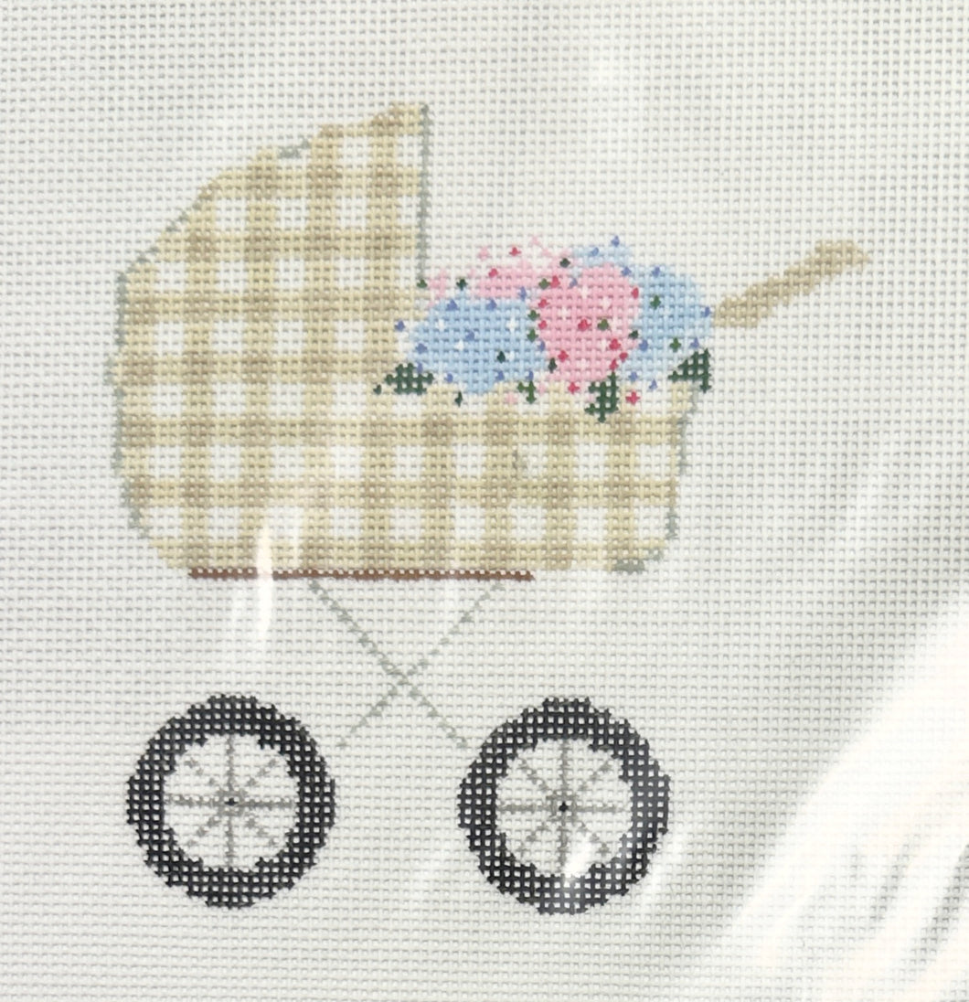 baby carriage, tan hydrangea