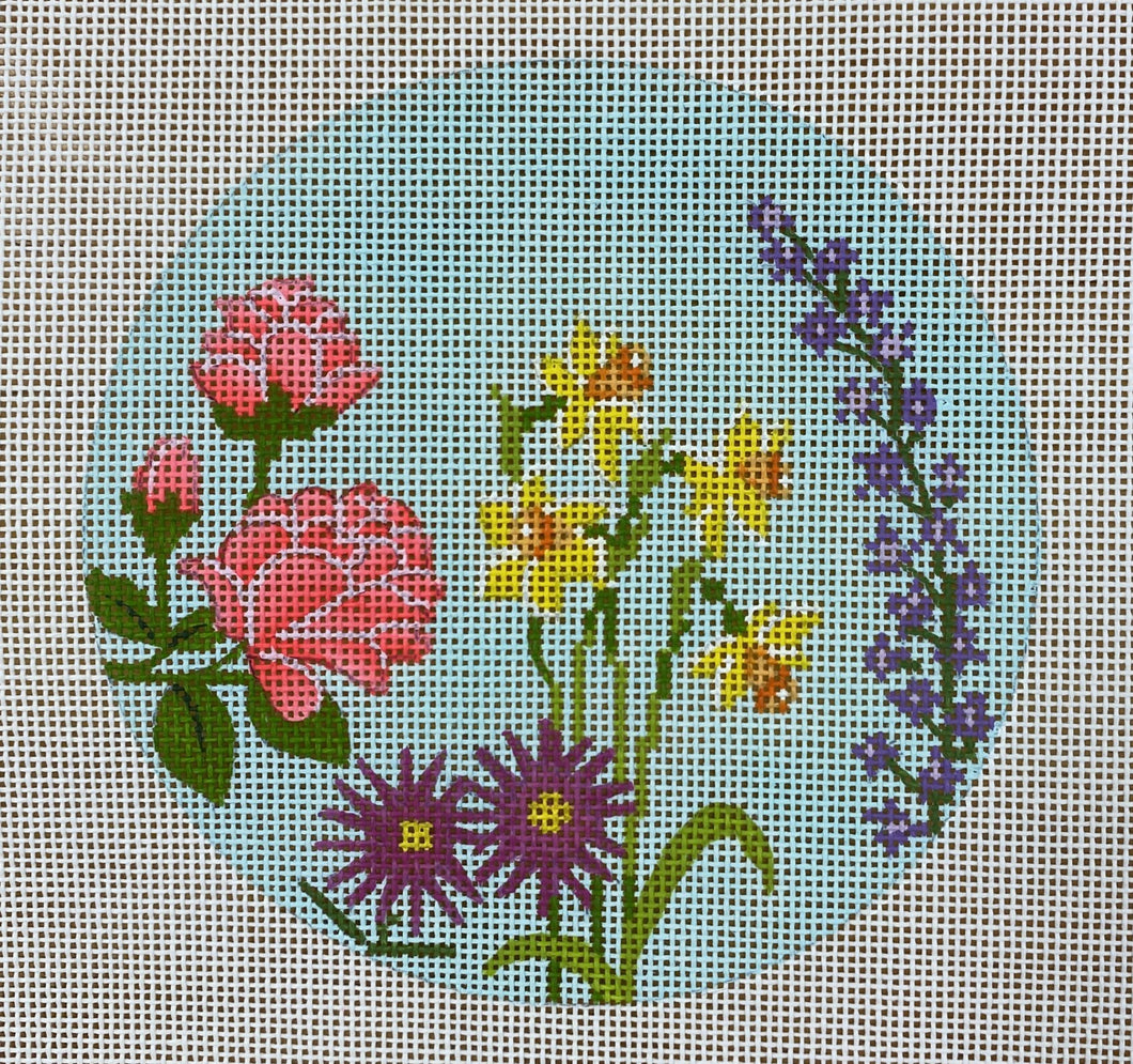 english garden round, blue & purple