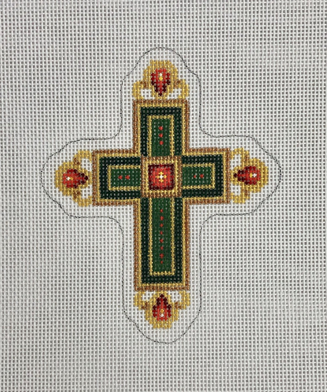 cross, green & gold with red jewels, ornament